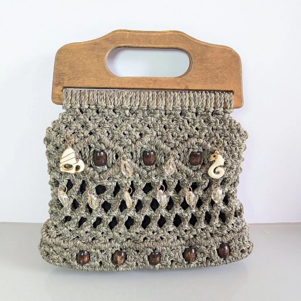 Vintage Taupe Macrame Bag Double Wooden Handle Upcycled Jewelry Charms Shells